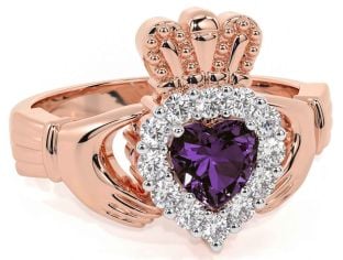 Diamond Alexandrite Rose Gold Silver Claddagh Ring