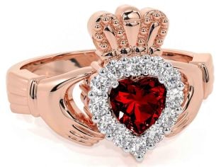 Diamond Garnet Rose Gold Silver Claddagh Ring