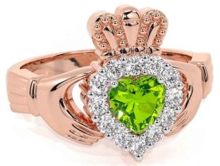 Diamond Peridot Rose Gold Silver Claddagh Ring