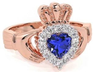 Diamond Sapphire Rose Gold Silver Claddagh Ring