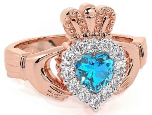 Diamond Topaz Rose Gold Silver Claddagh Ring