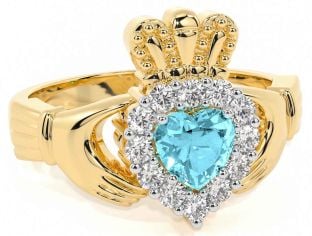 Diamond Aquamarine Gold Silver Claddagh Ring