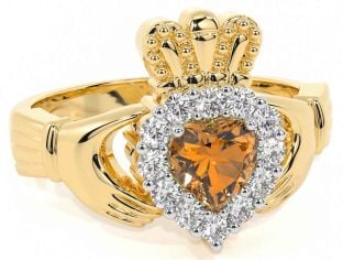 Diamond Citrine Gold Silver Claddagh Ring