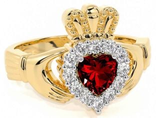 Diamond Garnet Gold Silver Claddagh Ring