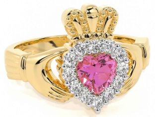 Diamond Pink Tourmaline Gold Silver Claddagh Ring