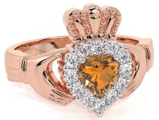 Diamond Citrine Rose Gold Claddagh Ring