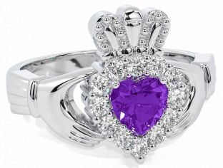 Diamond Amethyst Silver Claddagh Ring