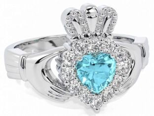 Diamond Aquamarine White Gold Claddagh Ring