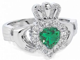 Diamond Emerald White Gold Claddagh Ring