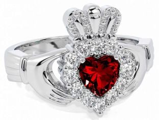 Diamond Garnet White Gold Claddagh Ring