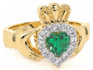 Diamante Esmeralda Ouro Claddagh Anel