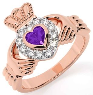 Diamond Amethyst Rose Gold Silver Claddagh Ring