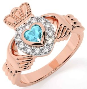 Diamond Aquamarine Rose Gold Silver Claddagh Ring