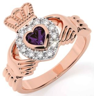 Diamond Alexandrite Rose Gold Silver Claddagh Ring