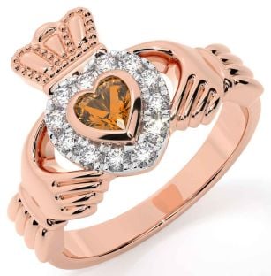 Diamond Citrine Rose Gold Silver Claddagh Ring