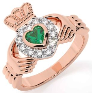 Diamond Emerald Rose Gold Silver Claddagh Ring