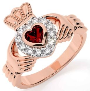 Diamond Garnet Rose Gold Silver Claddagh Ring