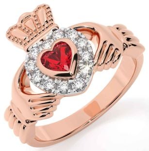 Diamond Ruby Rose Gold Silver Claddagh Ring