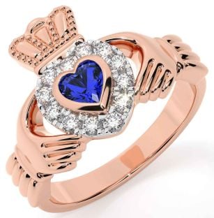 Diamond Sapphire Rose Gold Silver Claddagh Ring