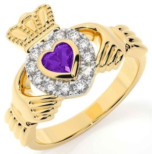 Diamond Amethyst Gold Silver Claddagh Ring