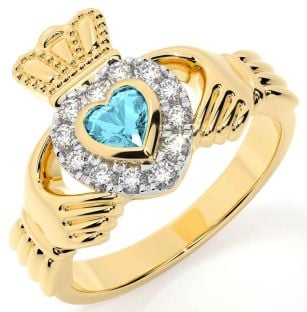 Diamond Aquamarine Gold Silver Claddagh Ring