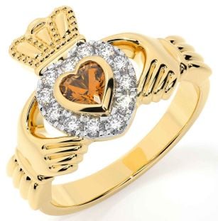 Diamond Citrine Gold Silver Claddagh Ring