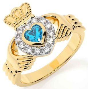 Diamond Topaz Gold Silver Claddagh Ring