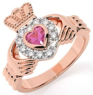 Diamond Pink Tourmaline Rose Gold Claddagh Ring