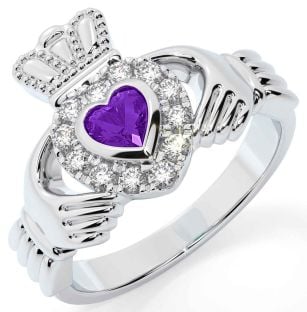 Diamond Amethyst Silver Claddagh Ring