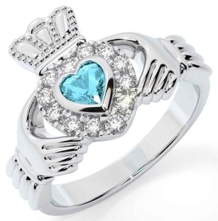 Diamond Aquamarine Silver Claddagh Ring