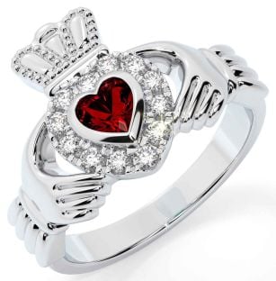 Diamond Garnet Silver Claddagh Ring