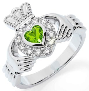 Diamond Peridot Silver Claddagh Ring