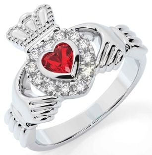 Diamond Ruby Silver Claddagh Ring