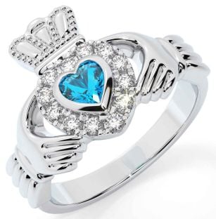 Diamond Topaz Silver Claddagh Ring