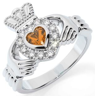 Diamond Citrine White Gold Claddagh Ring