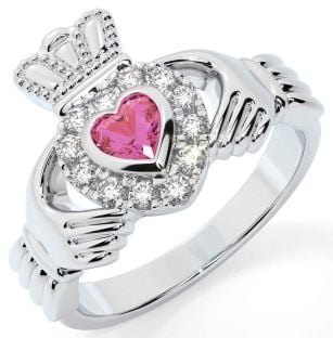 Diamond Pink Tourmaline White Gold Claddagh Ring