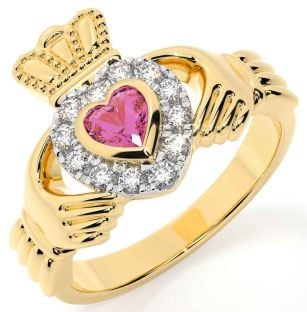 Diamond Pink Tourmaline Gold Claddagh Ring