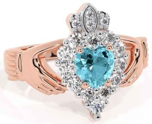 Diamond Aquamarine Rose Gold Silver Claddagh Ring