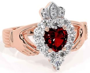 Diamond Garnet Rose Gold Silver Claddagh Ring