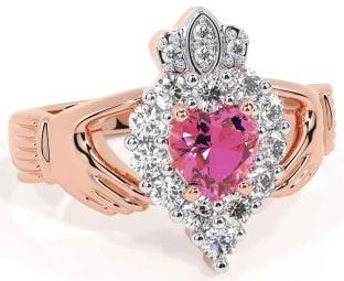 Diamond Pink Tourmaline Rose Gold Silver Claddagh Ring