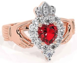 Diamond Ruby Rose Gold Silver Claddagh Ring