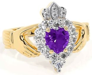 Diamond Amethyst Gold Silver Claddagh Ring