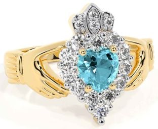 Diamond Aquamarine Gold Silver Claddagh Ring