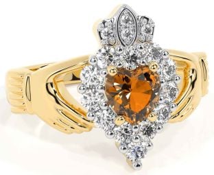 Diamond Citrine Gold Silver Claddagh Ring