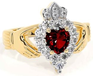 Diamond Garnet Gold Silver Claddagh Ring