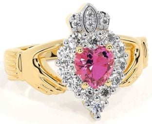 Diamond Pink Tourmaline Gold Silver Claddagh Ring