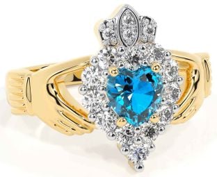 Diamond Topaz Gold Silver Claddagh Ring