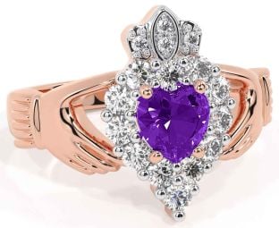 Diamond Amethyst Rose Gold Claddagh Ring