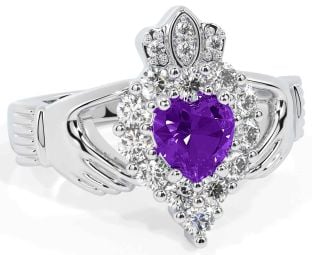 Diamond Amethyst Silver Claddagh Ring