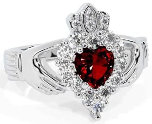 Diamond Garnet Silver Claddagh Ring